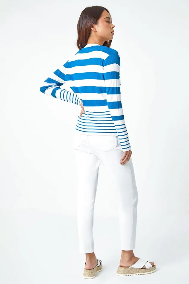 Royal Blue Petite Multi Stripe VNeck Cardigan Women Roman Knitwear