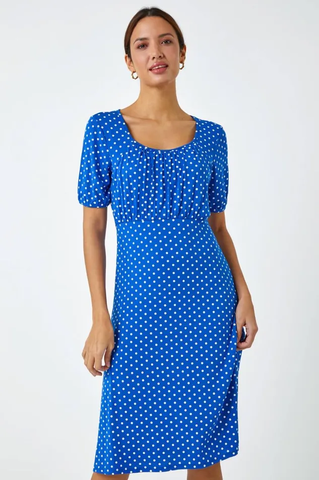 Royal Blue Polka Dot Print Stretch Dress Women Roman Dresses