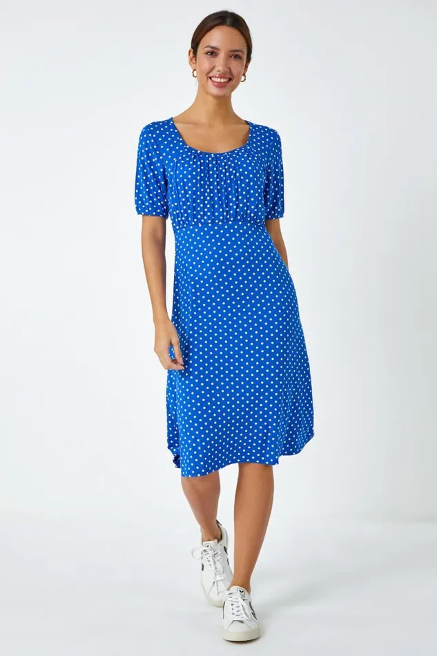 Royal Blue Polka Dot Print Stretch Dress Women Roman Dresses