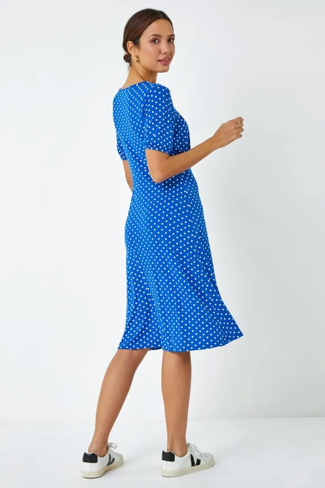 Royal Blue Polka Dot Print Stretch Dress Women Roman Dresses