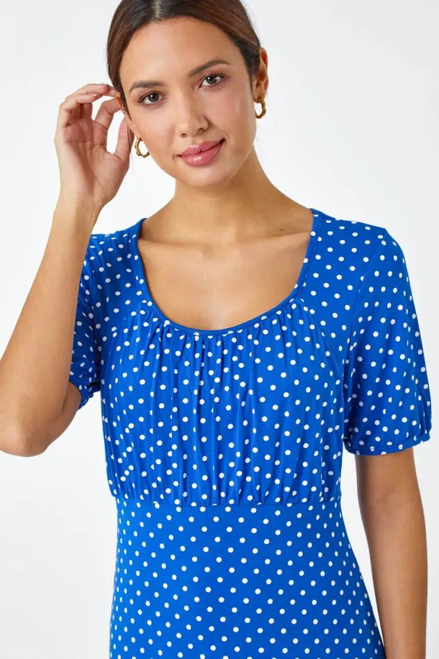 Royal Blue Polka Dot Print Stretch Dress Women Roman Dresses