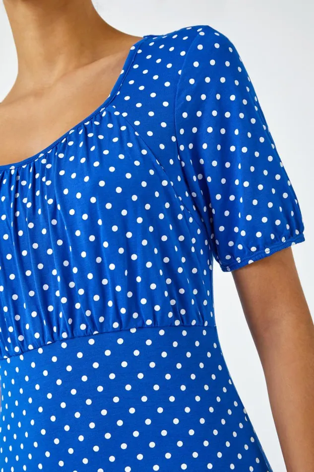 Royal Blue Polka Dot Print Stretch Dress Women Roman Dresses