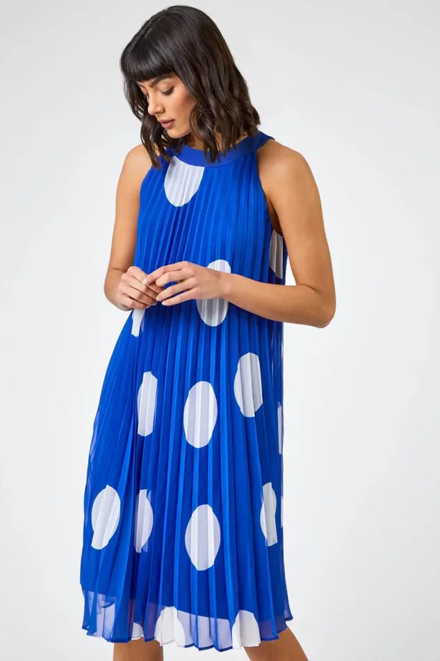 Royal Blue Spot High Neck Pleated Chiffon Swing Dress Women Roman Dresses