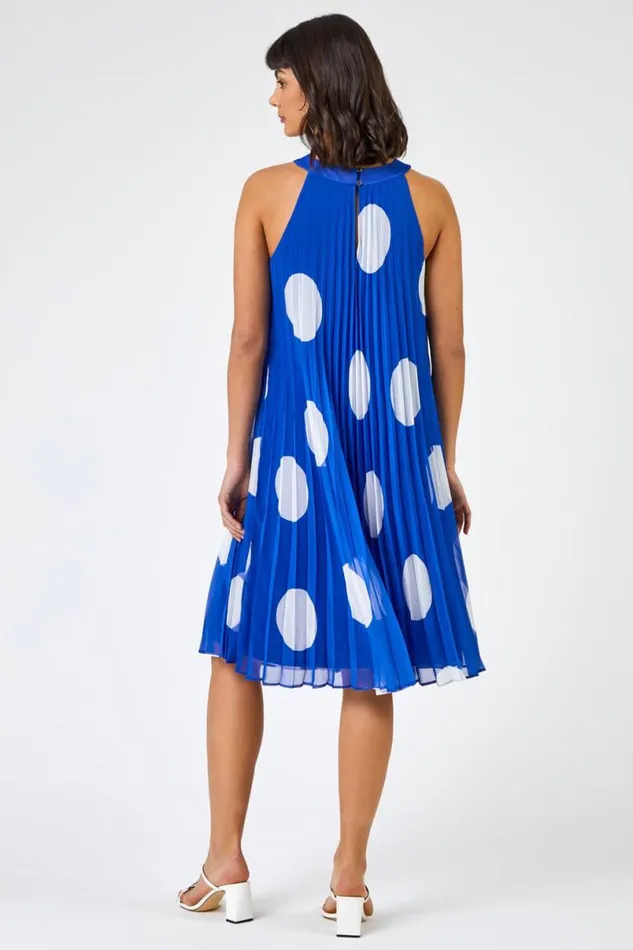 Royal Blue Spot High Neck Pleated Chiffon Swing Dress Women Roman Dresses