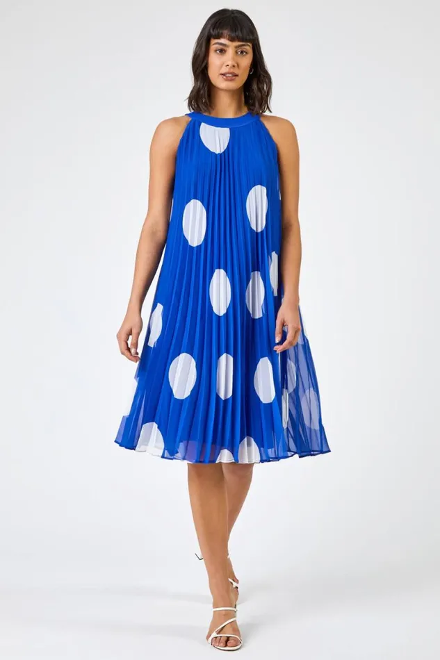Royal Blue Spot High Neck Pleated Chiffon Swing Dress Women Roman Dresses