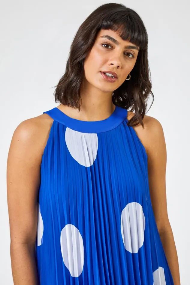 Royal Blue Spot High Neck Pleated Chiffon Swing Dress Women Roman Dresses