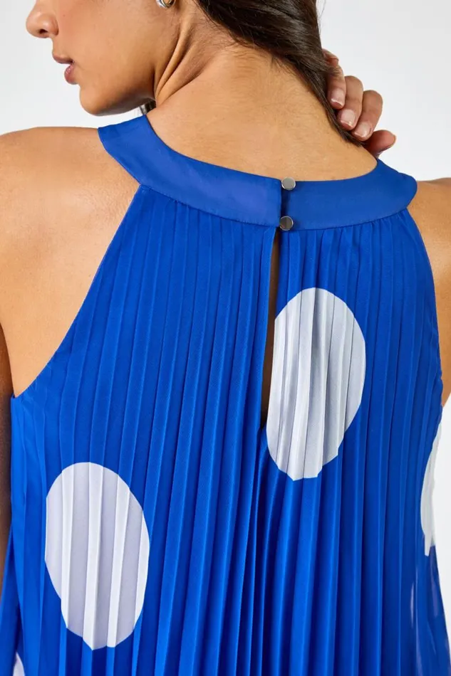 Royal Blue Spot High Neck Pleated Chiffon Swing Dress Women Roman Dresses