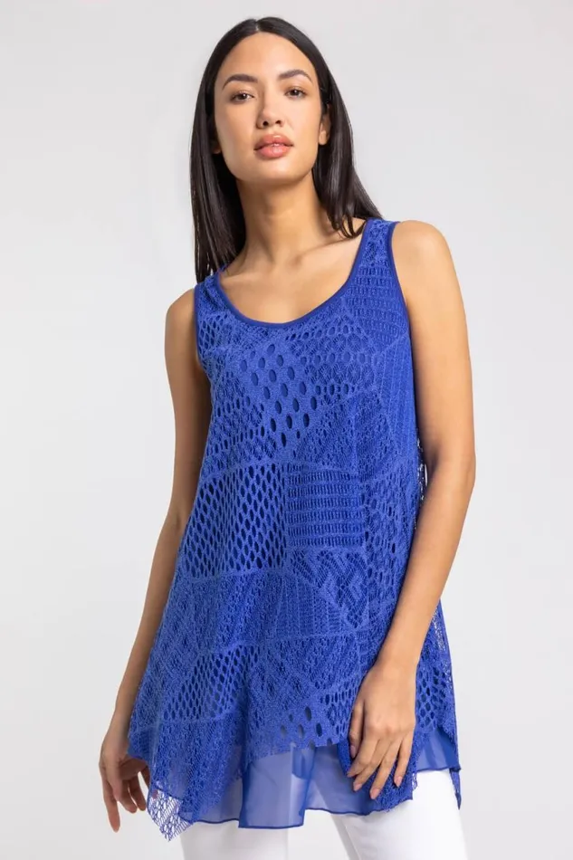 Royal Blue Stretch Lace Hanky Hem Vest Top Women Roman Tops
