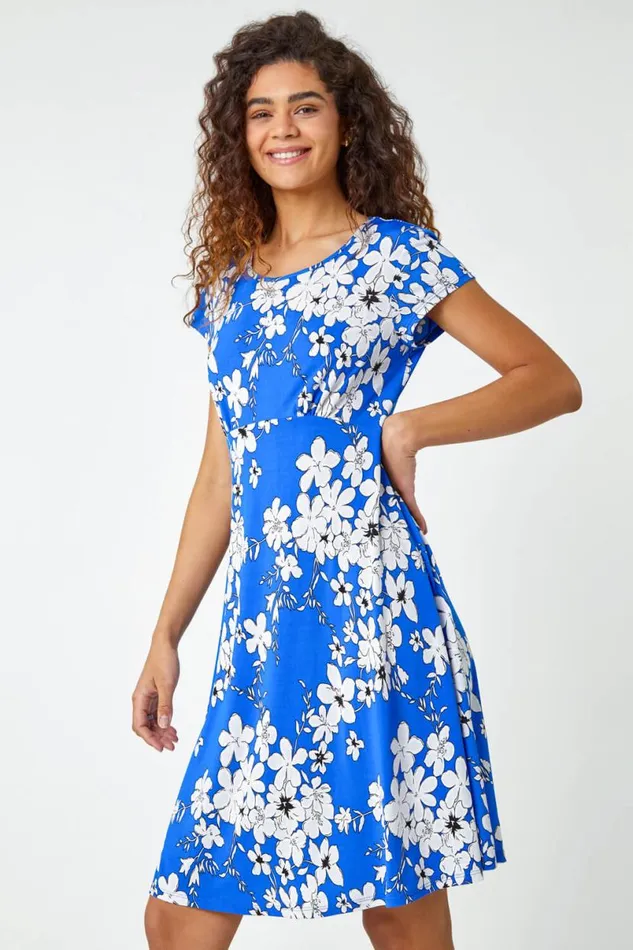 Royal Blue Textured Floral Print Tea Dress Women Roman Dresses