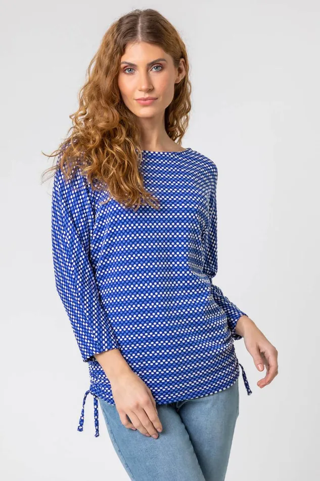 Royal Blue Textured Spot Print Stretch Top Women Roman Tops