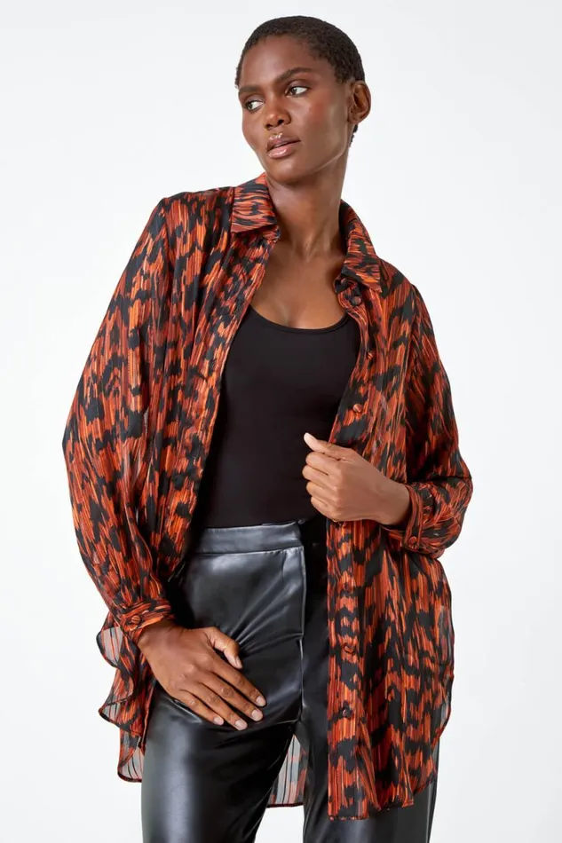 Rust Abstract Animal Print Longline Blouse Women Roman Tops