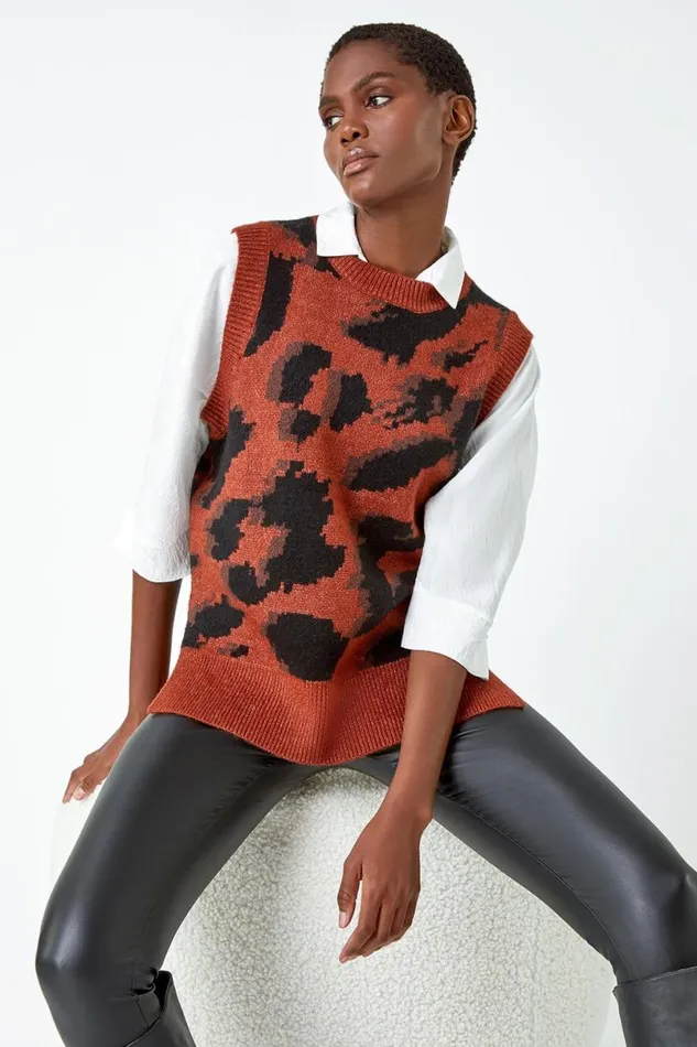 Rust Animal Print Knitted Stretch Vest Women Roman Tops