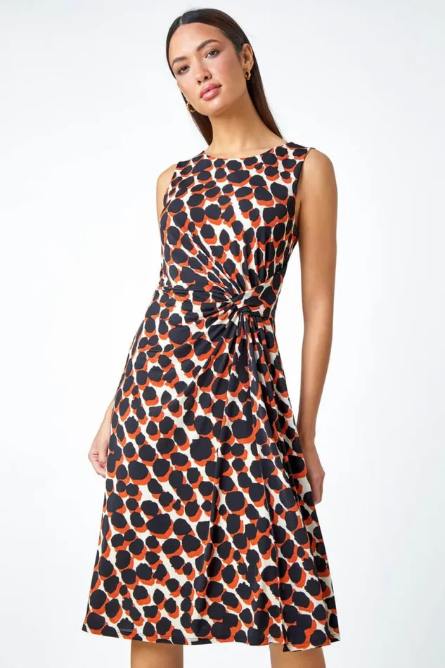 Rust Spot Print Drape Detail Stretch Dress Women Roman Dresses