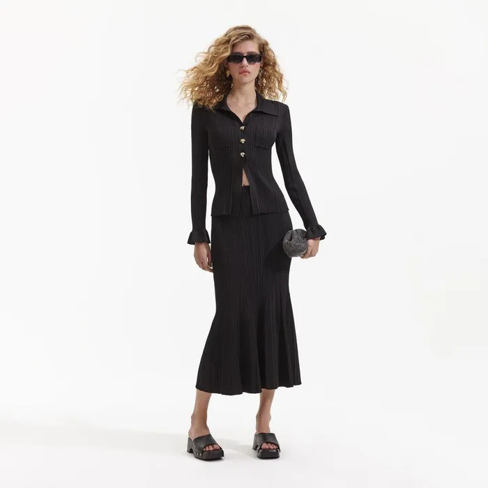 Self Portrait Bottoms Black Ribbed Midi Skirt 8211 Women