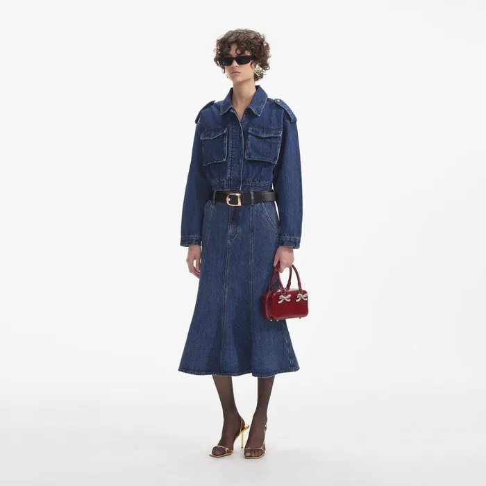 Self Portrait Denim Flared Denim Midi Skirt 8211 Women