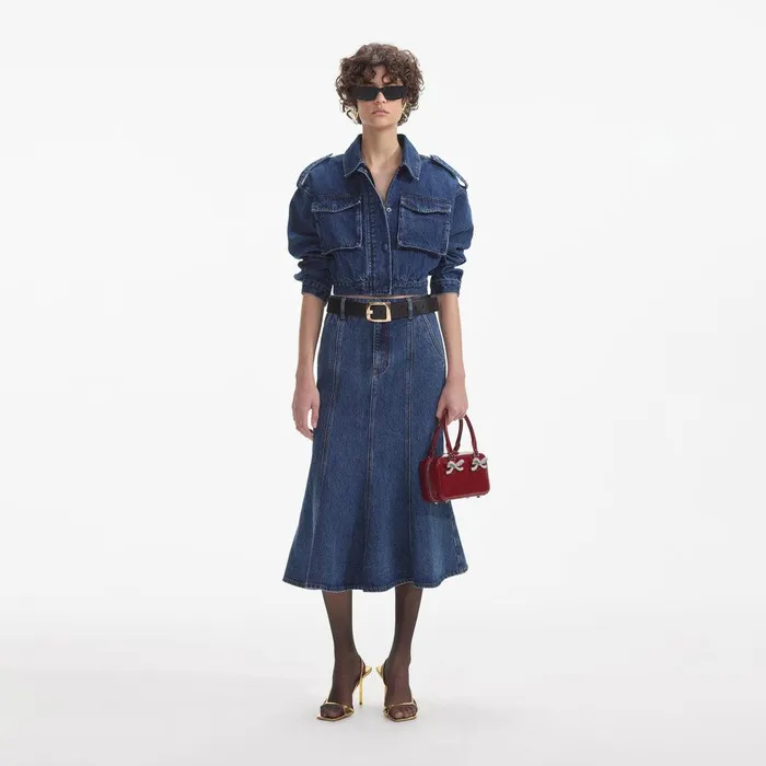 Self Portrait Denim Flared Denim Midi Skirt 8211 Women