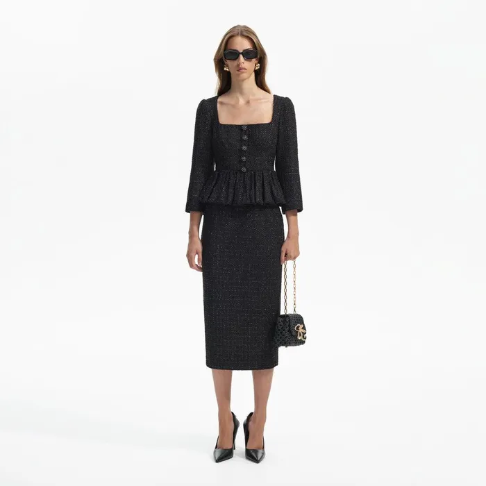 Self Portrait Dresses Black Boucle Peplum Midi Dress 8211 Women