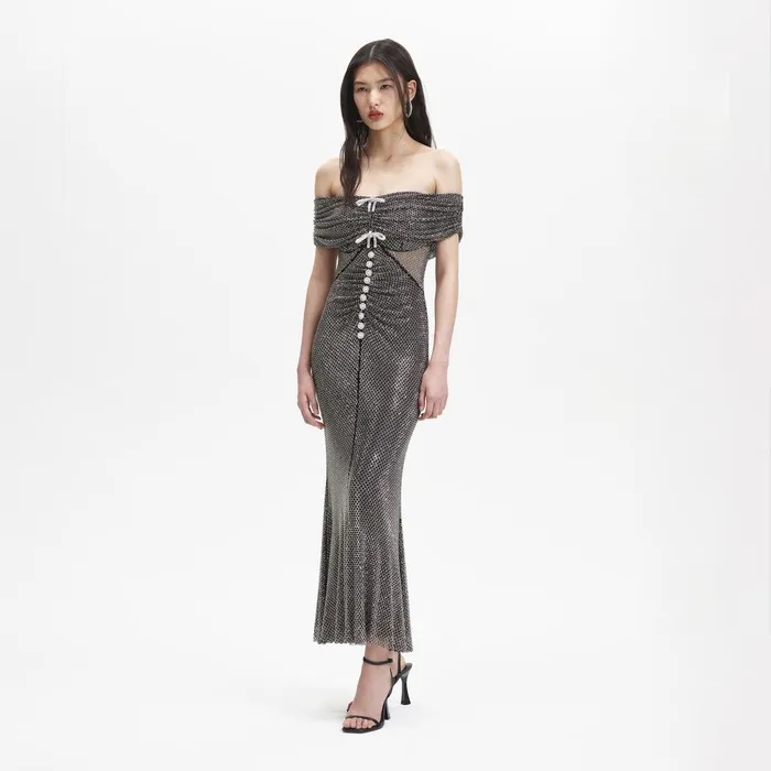 Self Portrait Dresses Black Bow Rhinestone Midi Dress 8211 Women