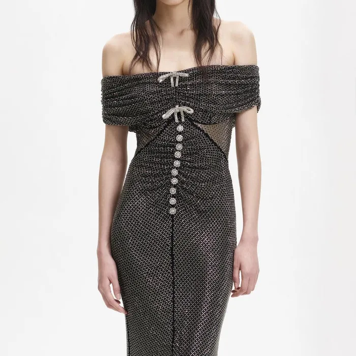 Self Portrait Dresses Black Bow Rhinestone Midi Dress 8211 Women