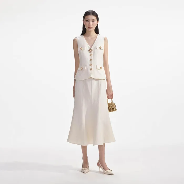 Self Portrait Dresses Cream Linen Midi Dress 8211 Women