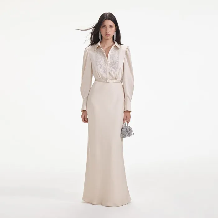 Self Portrait Dresses Cream Satin Embellished Bib Maxi Dress 8211 Women