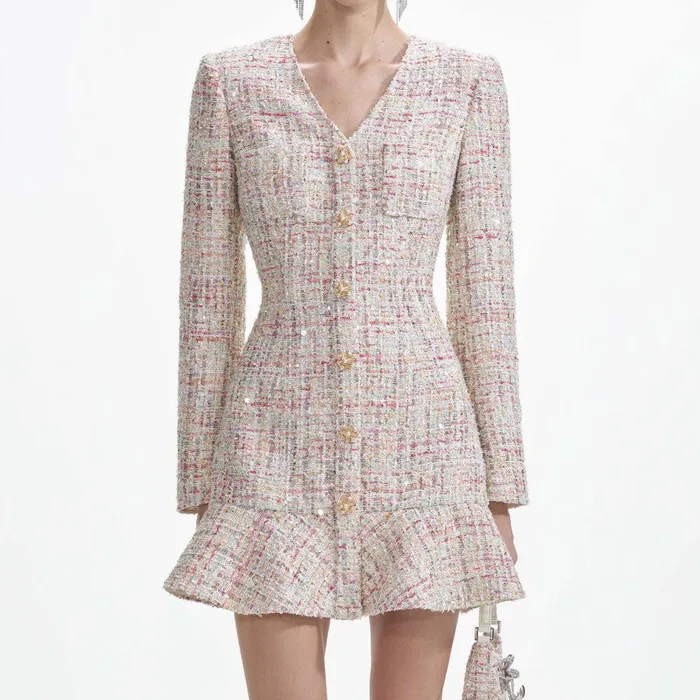 Self Portrait Dresses Pastel Boucle VNeck Mini Dress 8211 Women