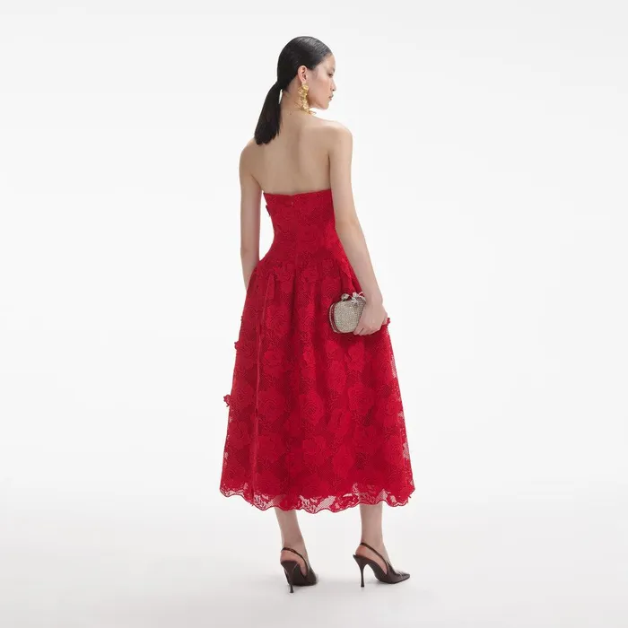 Self Portrait Dresses Red Bandeau Lace Midi Dress 8211 Women