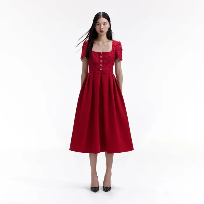 Self Portrait Dresses Red Lace Crepe Midi Dress 8211 Women