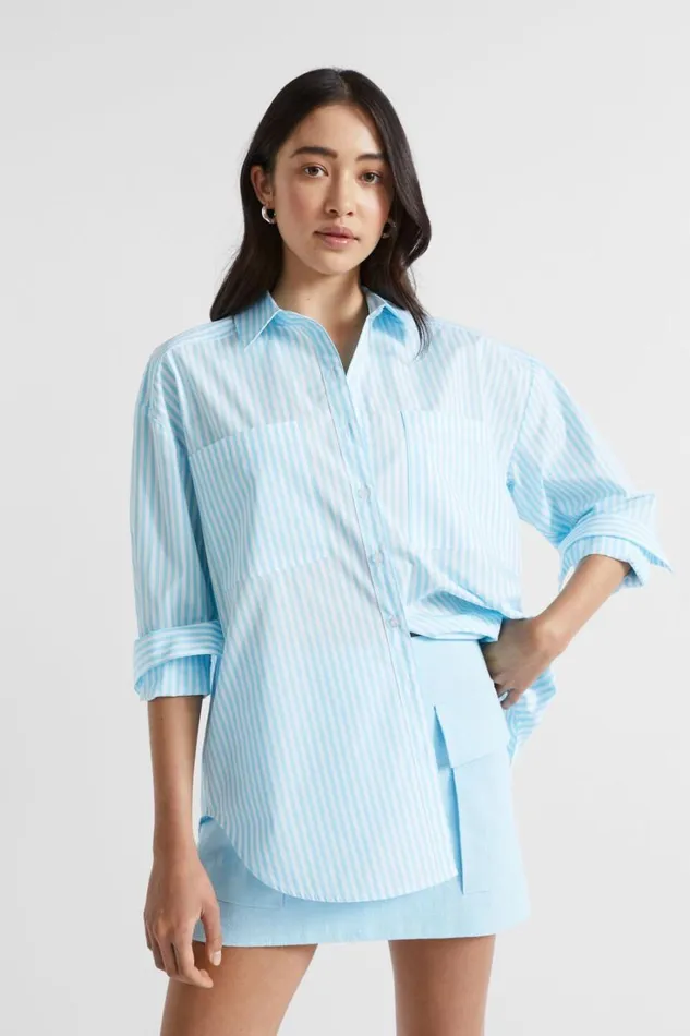 Shirts Woman Seed Heritage Stripe Pocket Front Shirt Shimmer Blue Stripe