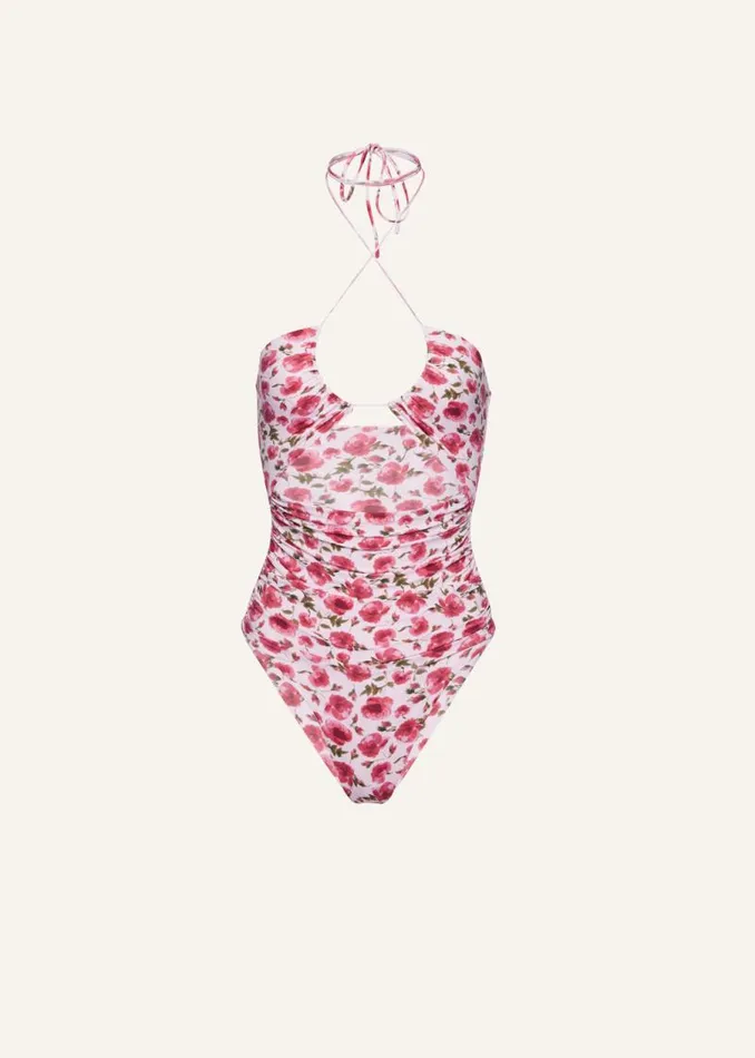 Shop Magda Butrym Beachwear Criss Cross Halter Swimsuit In Pink Print