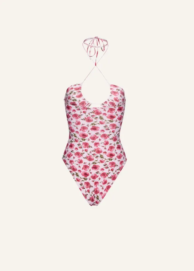 Shop Magda Butrym Beachwear Criss Cross Halter Swimsuit In Pink Print Shop Magda Butrym Beachwear Criss Cross Halter Swimsuit In Pink Print