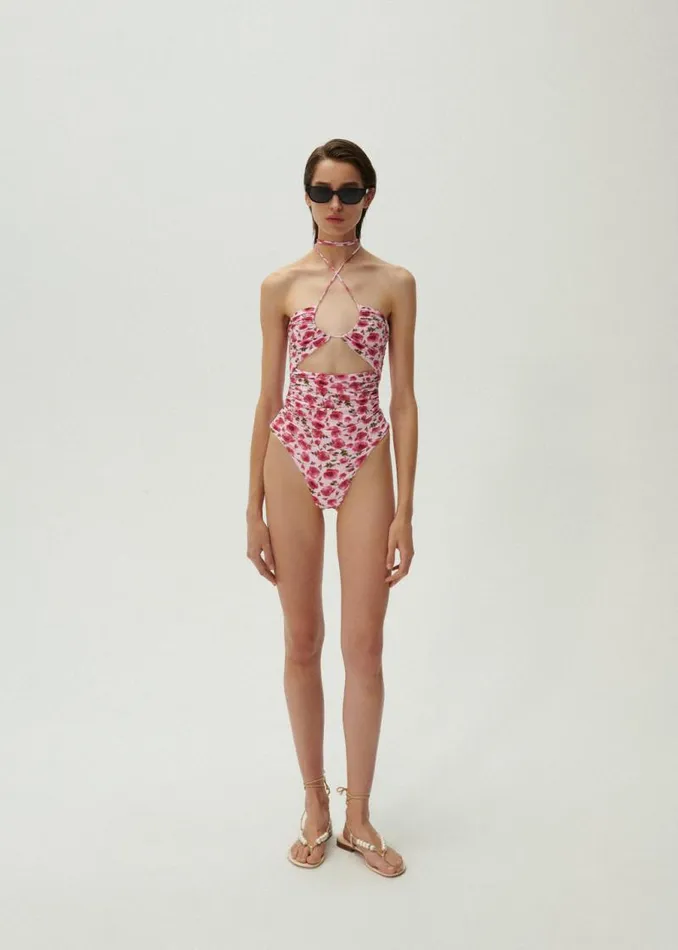 Shop Magda Butrym Beachwear Criss Cross Halter Swimsuit In Pink Print Shop Magda Butrym Beachwear Criss Cross Halter Swimsuit In Pink Print