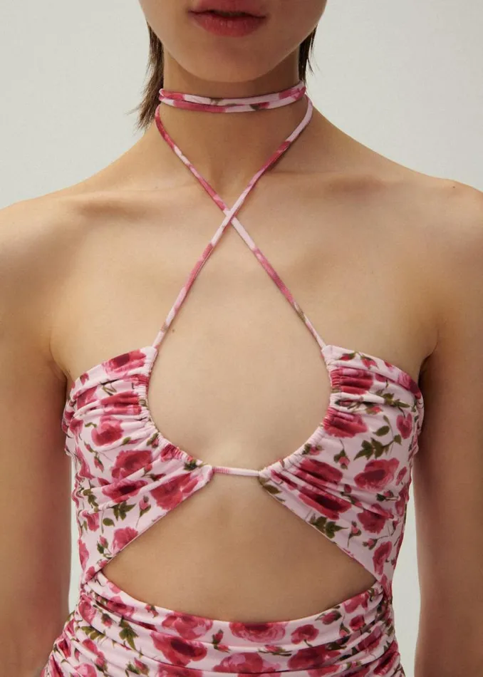 Shop Magda Butrym Beachwear Criss Cross Halter Swimsuit In Pink Print Shop Magda Butrym Beachwear Criss Cross Halter Swimsuit In Pink Print