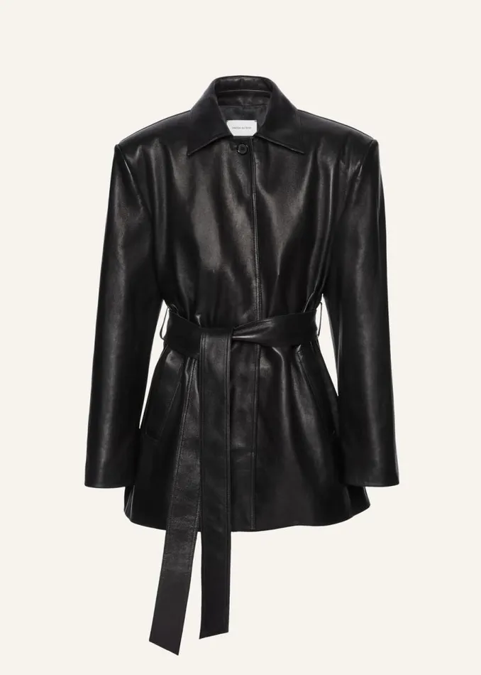 Shop Magda Butrym Leather And Shearling Belted Leather Jacket In Black