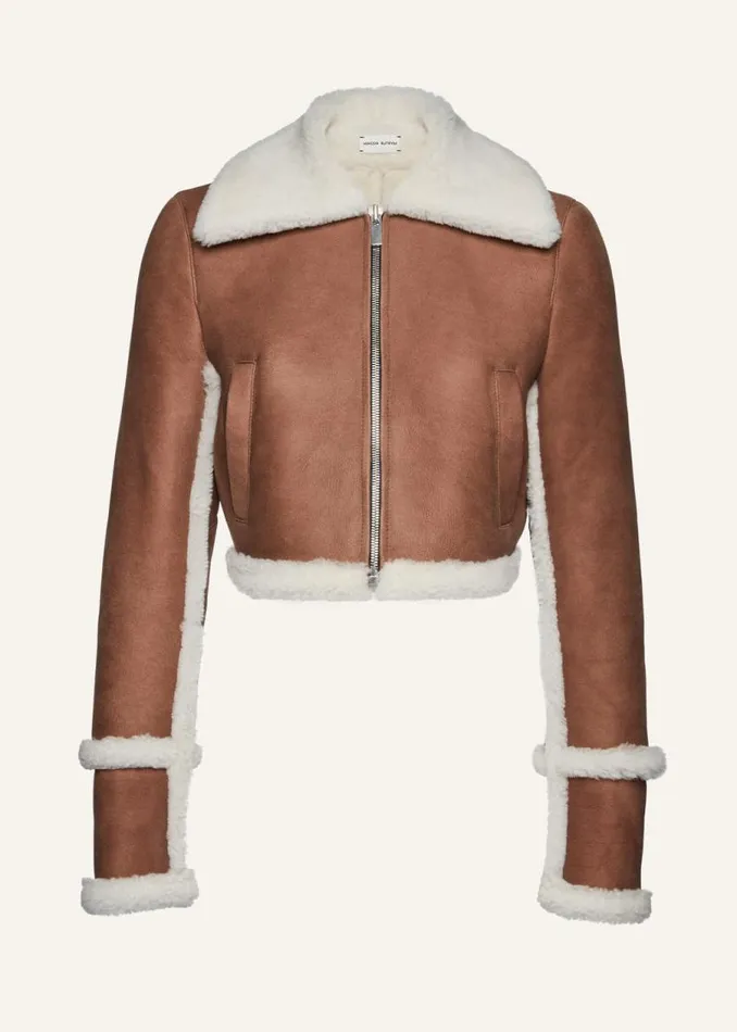 Shop Magda Butrym Leather And Shearling Cropped Shearling Jacket In Beige