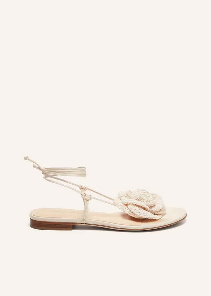 Shop Magda Butrym Shoes Wrap Around Flat Flower Sandals In Cream Crochet