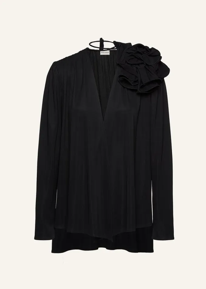 Shop Magda Butrym Tops Classic Jersey Shirred Flower Blouse In Black