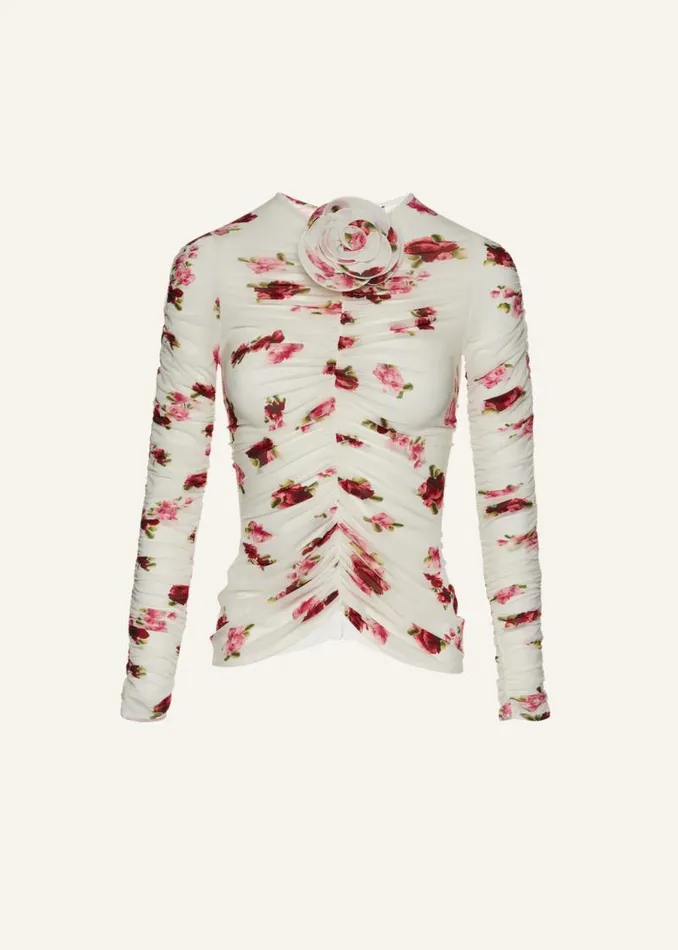 Shop Magda Butrym Tops Sheer Ruched Rose Appliqu Top In Cream Print