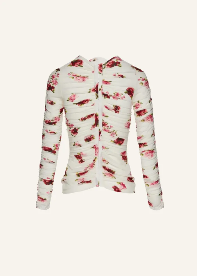 Shop Magda Butrym Tops Sheer Ruched Rose Appliqu Top In Cream Print Shop Magda Butrym Tops Sheer Ruched Rose Appliqu Top In Cream Print