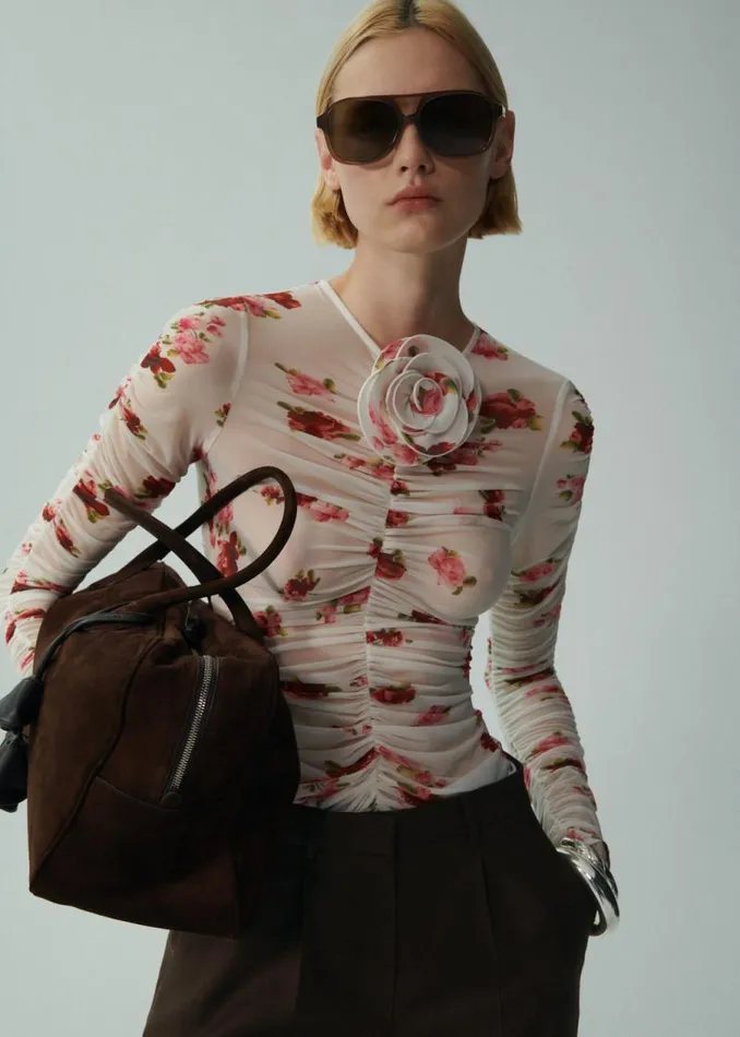 Shop Magda Butrym Tops Sheer Ruched Rose Appliqu Top In Cream Print Shop Magda Butrym Tops Sheer Ruched Rose Appliqu Top In Cream Print