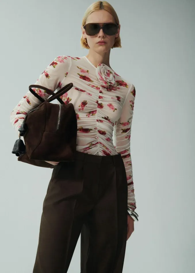 Shop Magda Butrym Tops Sheer Ruched Rose Appliqu Top In Cream Print Shop Magda Butrym Tops Sheer Ruched Rose Appliqu Top In Cream Print