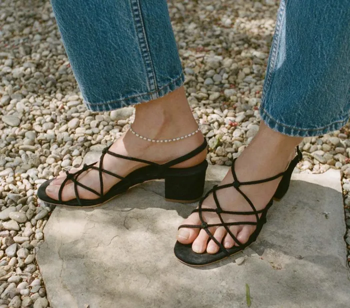 Shop REVE BLOCK HEEL SANDAL Black Suede DEN Footwear