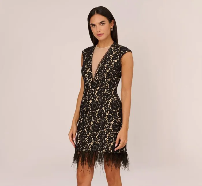 Short Dresses Womens Adrianna Papell Cap Sleeve Lace Cocktail Dress With Feather Trim In Black Nude Short Dresses Womens Adrianna Papell Cap Sleeve Lace Cocktail Dress With Feather Trim In Black Nude