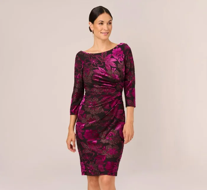 Short Dresses Womens Adrianna Papell Metallic Burnout Velvet Dress With Shirred Details In Black Violet Short Dresses Womens Adrianna Papell Metallic Burnout Velvet Dress With Shirred Details In Black Violet