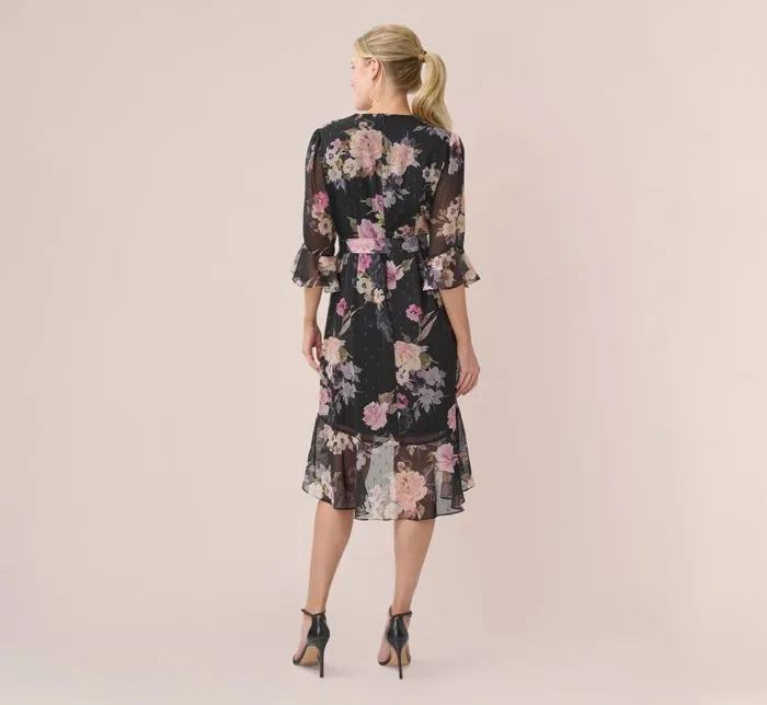 Short Dresses Womens Adrianna Papell Metallic FloralPrint Chiffon Short Wrap Dress In Black Multi