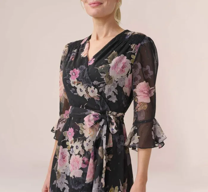 Short Dresses Womens Adrianna Papell Metallic FloralPrint Chiffon Short Wrap Dress In Black Multi