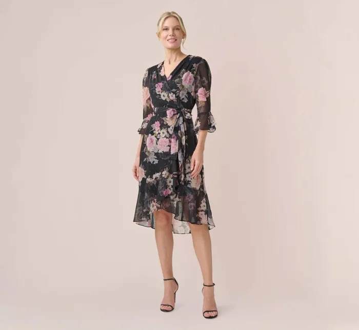 Short Dresses Womens Adrianna Papell Metallic FloralPrint Chiffon Short Wrap Dress In Black Multi
