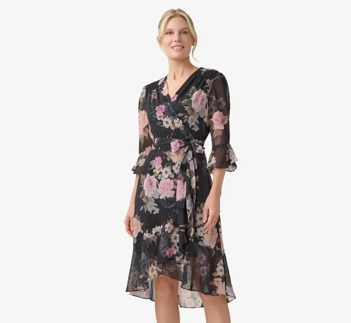 Short Dresses Womens Adrianna Papell Metallic FloralPrint Chiffon Short Wrap Dress In Black Multi