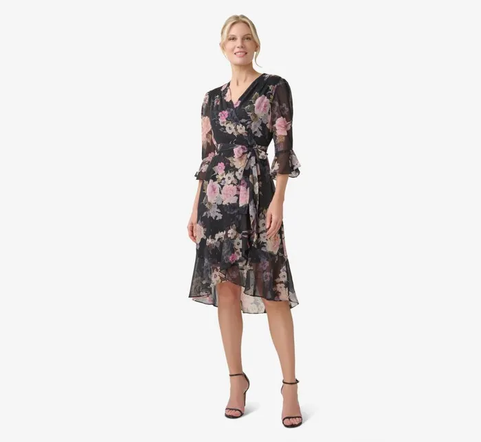 Short Dresses Womens Adrianna Papell Metallic FloralPrint Chiffon Short Wrap Dress In Black Multi