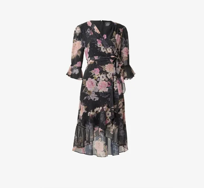 Short Dresses Womens Adrianna Papell Metallic FloralPrint Chiffon Short Wrap Dress In Black Multi